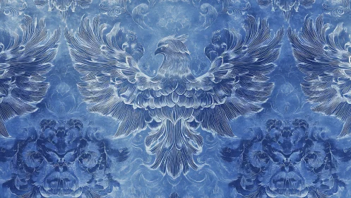 Majestic Phoenix Line Art on Elegant Blue Ornamental Background.
