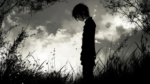 Quiet silhouette among wild grass under a brooding sky.