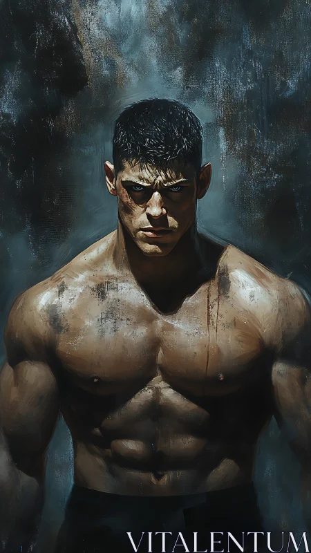 Brooding muscular fighter portrait in dark moody lighting.