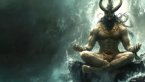 Horned sea deity meditates amid crashing ocean waves.