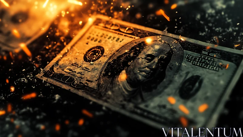 Burning sparks dance around a lonely hundred dollar bill.