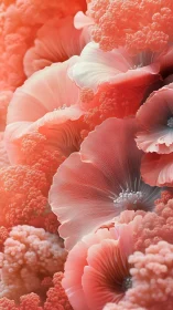 Coral pink abstract flowers in soft close up view.