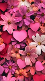Vibrant Pink Cosmos Flowers and Hearts Bloom Together.