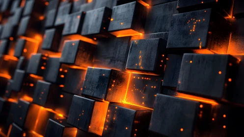 Futuristic Black Cubes with Glowing Orange Light, 3D Digital Art.