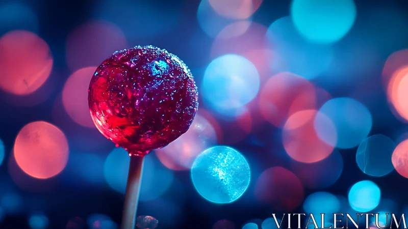 Crystalline Red Lollipop Against Neon Bokeh Background.