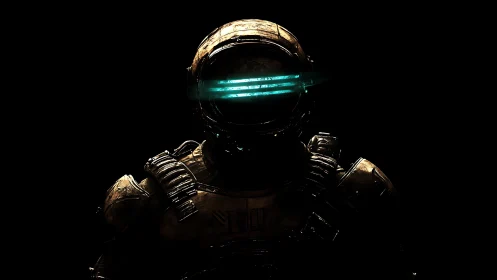 Backlit armored astronaut with teal visor bands in deep contrast