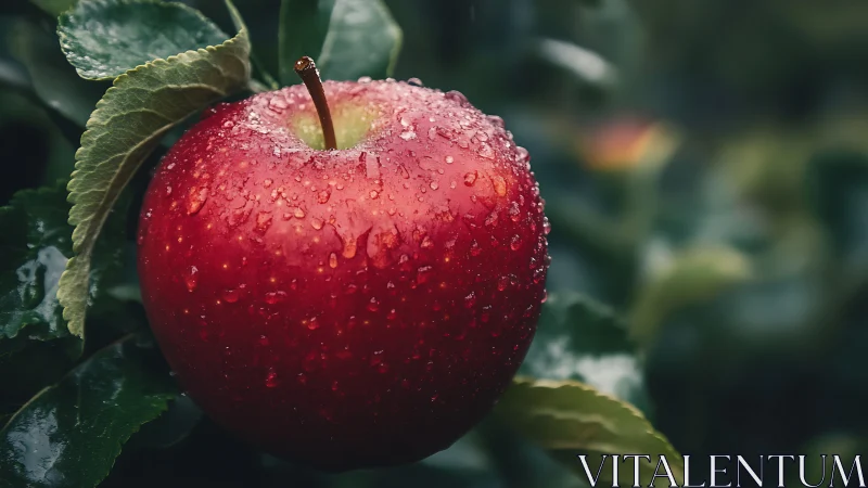 Macro study of dewy red apple with shallow depth of field