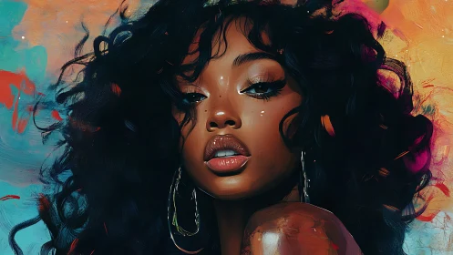 Curly haired woman faces viewer against colorful painted backdrop