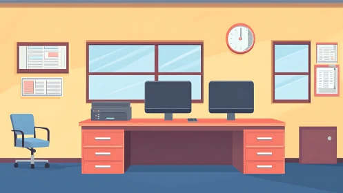 Flat vector office workstation with dual monitors and storage.