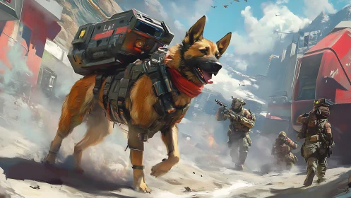 Cybernetic war dog leading armored soldiers through ruins.