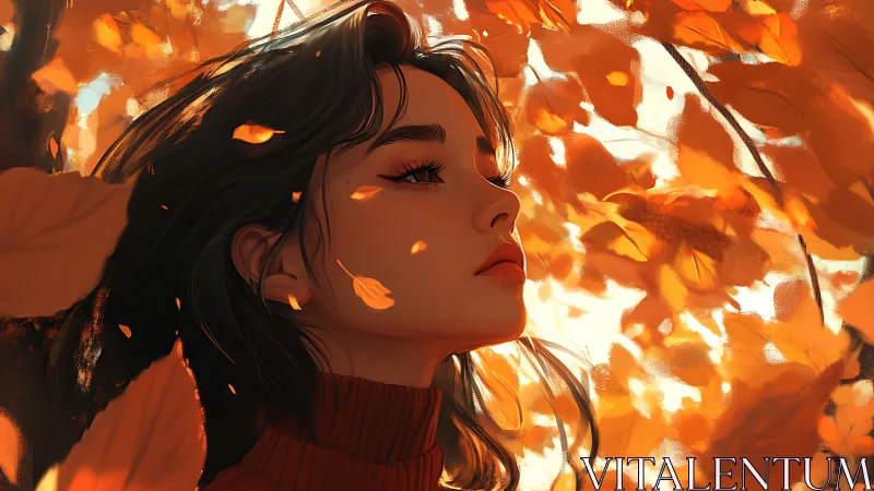 Autumn daydreamer beneath a drifting crown of ember leaves.