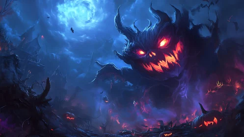 Gigantic spectral pumpkin monster over haunted town.