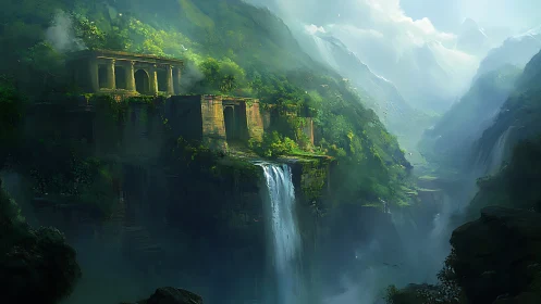 Ancient cliffside temple ruins suspended above emerald falls.