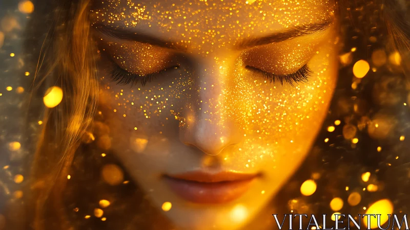 Golden glitter portrait with serene closed eyes and bokeh.