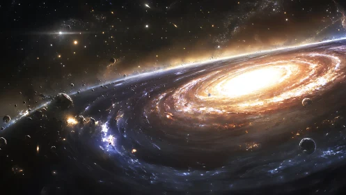 Spiral galaxy vortex rendered with high-contrast cosmic lighting