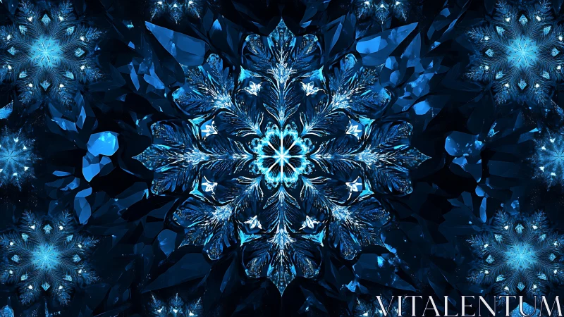 Crystalline blue snowflake blooms in a luminous frozen void