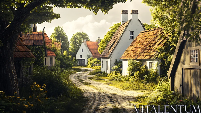 Sunlit rural cottages along winding cobblestone lane.
