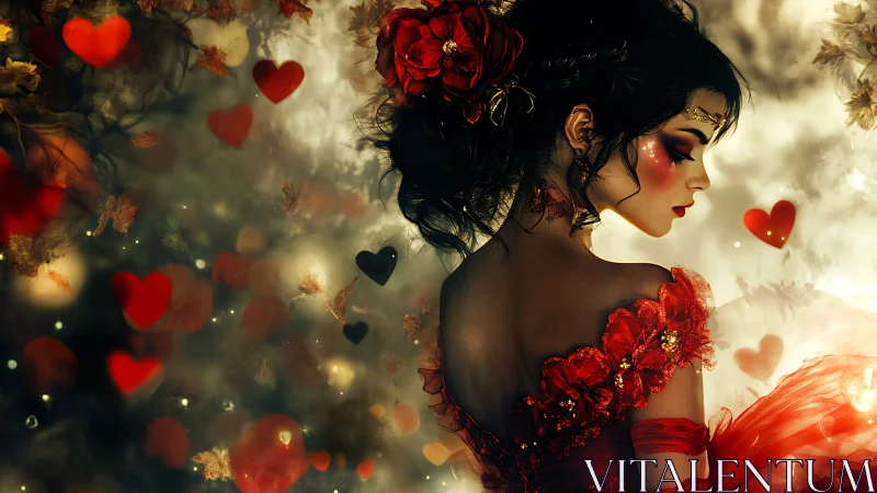 Woman in Red Dress with Hearts and Flowers.