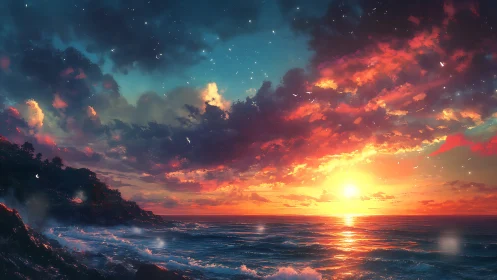 Skyfire over whispering tides at dreamlit horizon.