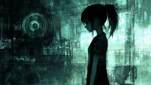 Silhouetted cyberpunk girl contemplates a luminous data core
