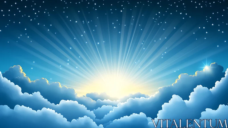 Radiant sunrise breaking through dense soft blue clouds.