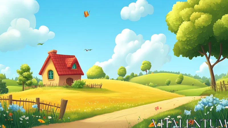 Cartoon house stands in bright rural landscape under clouds