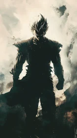 Backlit anime warrior silhouette amid turbulent abstract mist