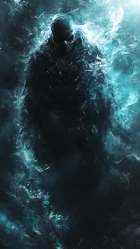 Shrouded water wraith emerging from swirling teal void.