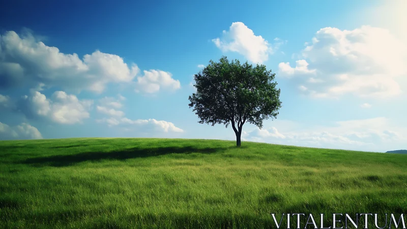 Lone tree on green hill under blue sky with fluffy clouds, natural style.