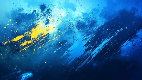 Abstract blue and yellow paint splatter digital artwork background.