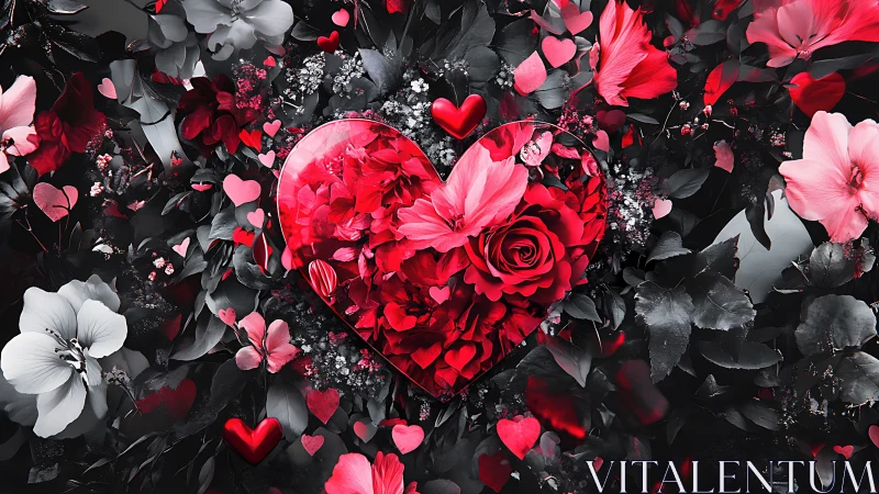 Red heart floral arrangement with roses and pink petals.