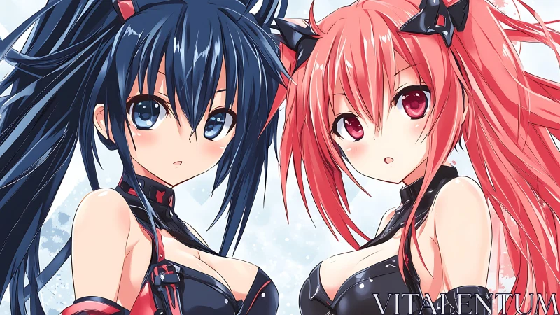 Twin anime characters stand in symmetrical close-up view