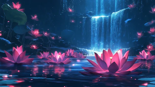 Bioluminescent lotus lagoon beneath cascading twilight waterfall