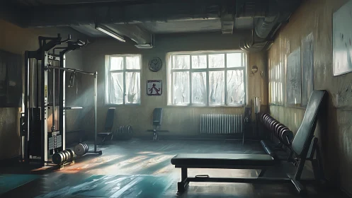 Dusty industrial gym interior with cold diffuse winter sidelighting