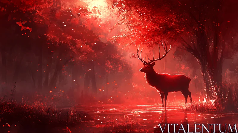 Majestic stag stands in a glowing crimson enchanted forest
