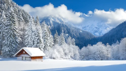 Snow cabin rests below alpine forest and bright blue sky.