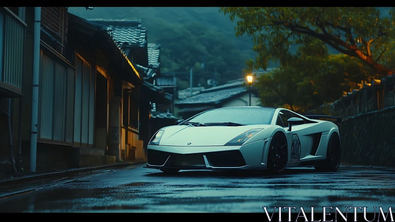 White sports car on wet narrow street at dusk in town.