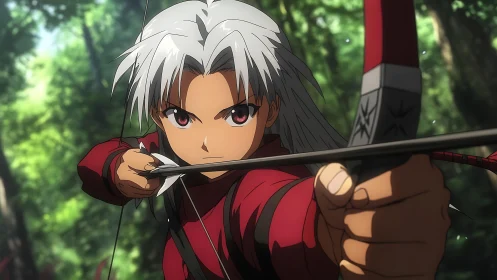 White haired anime archer aiming recurve bow in forest