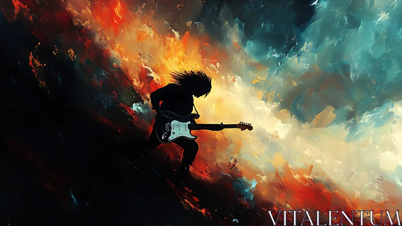 Silhouetted rock guitarist igniting stormy abstract sky.