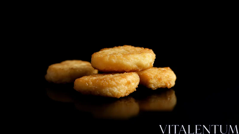 Golden fried chicken nuggets on black background.
