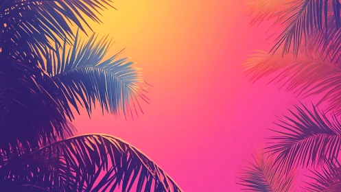 Dreamy tropical palms glowing in a warm neon sunset sky.