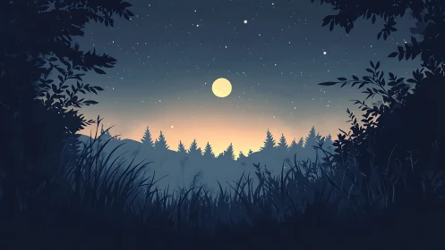 Moonlit Forest Night Sky with Silhouetted Trees