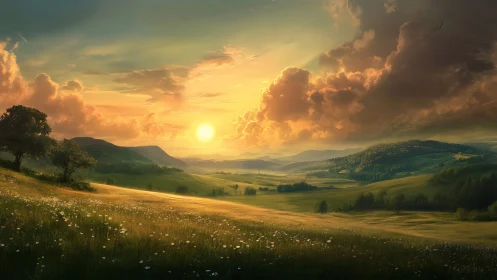 Sunlit valley meadows under dramatic glowing sunset clouds.