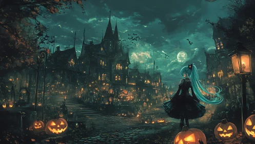 Gothic Halloween town with teal haired girl at night