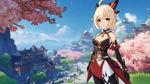 Blonde anime warrior overlooks cherry blossom mountain city.