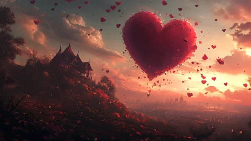 Large red heart floats in sunset sky over castle and city landscape.