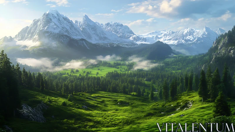 Snowy mountain range above green alpine valley landscape.