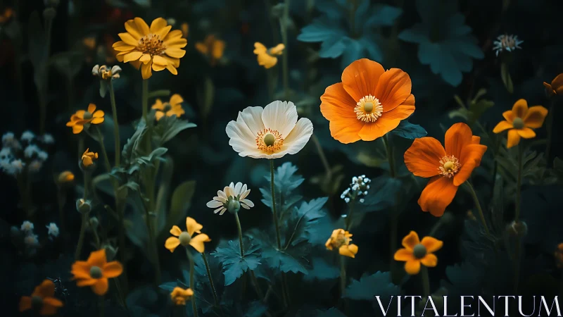 Garden blooms contrast warm flowers against cool teal foliage.