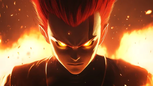 Fiery anime warrior locked in glowing, unstoppable focus.