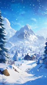 Snow-covered mountain valley with cabin and evergreen trees.